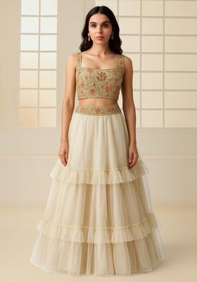 White Sequin And Threadwork Blouse Net Lehenga Set