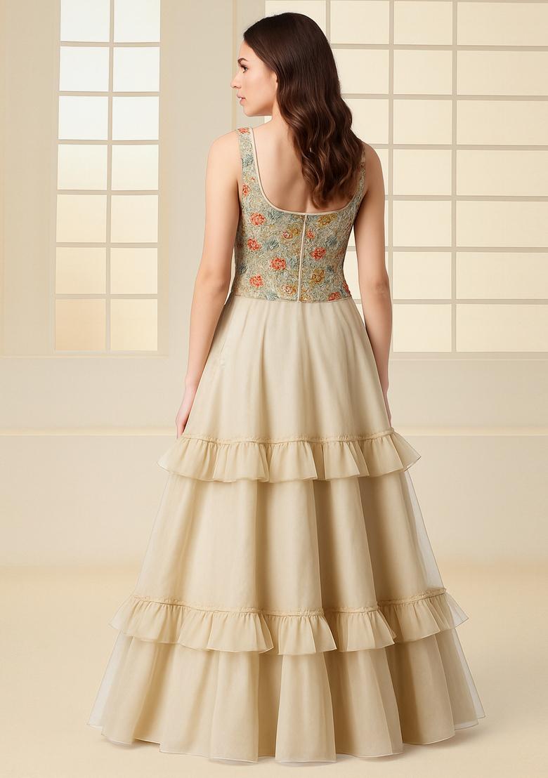 White Sequin And Threadwork Blouse Net Lehenga Set