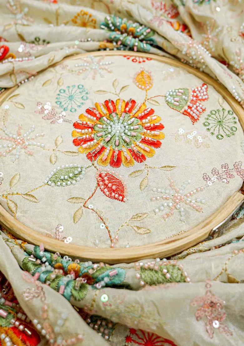 White Sequin And Threadwork Blouse Net Lehenga Set