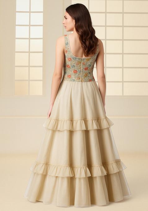 White Sequin And Threadwork Blouse Net Lehenga Set