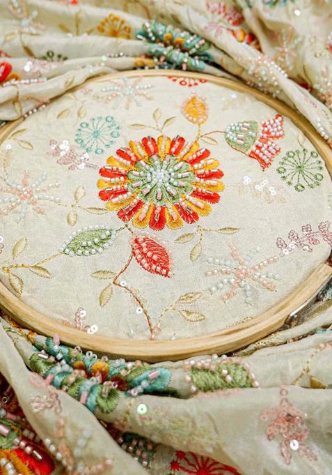 White Sequin And Threadwork Blouse Net Lehenga Set