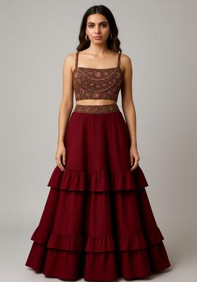 Brown Thread And Mirror Work Blouse Net Lehenga Set