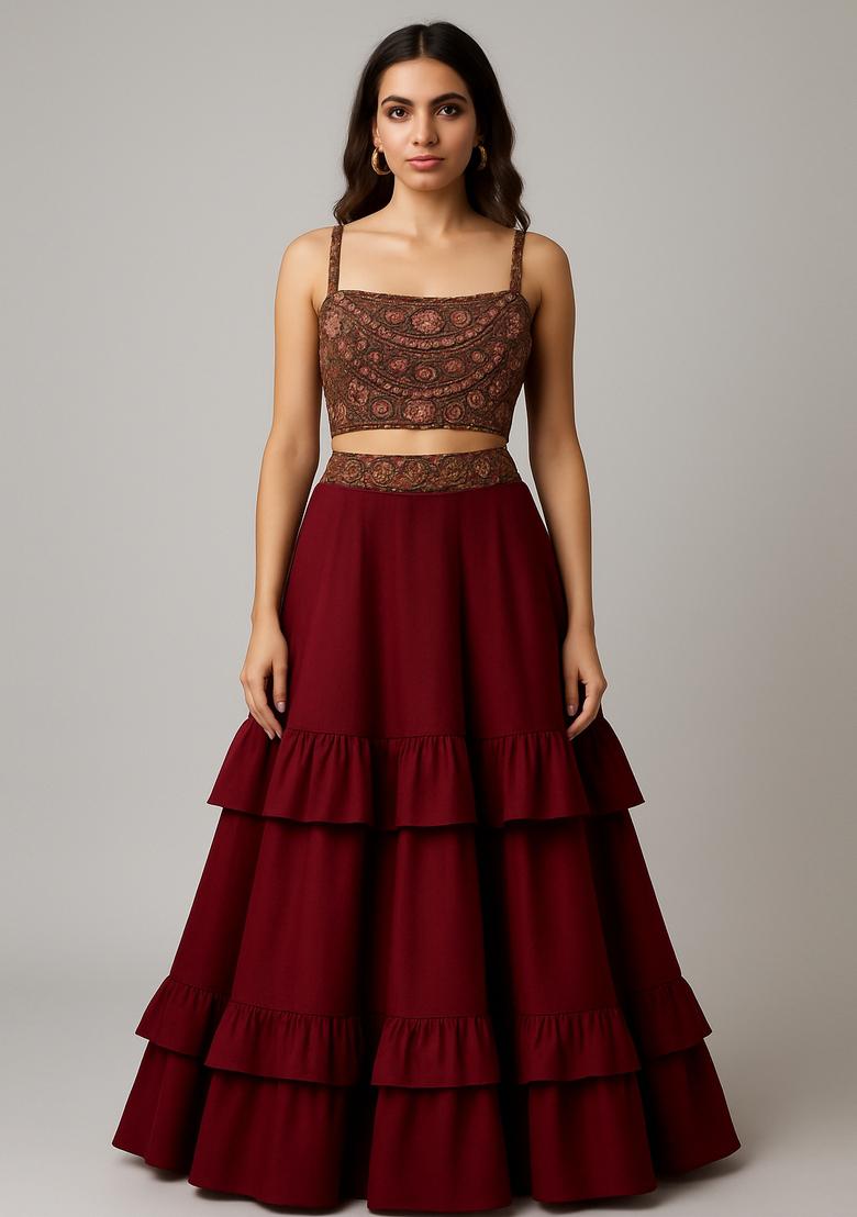 Brown Thread And Mirror Work Blouse Net Lehenga Set