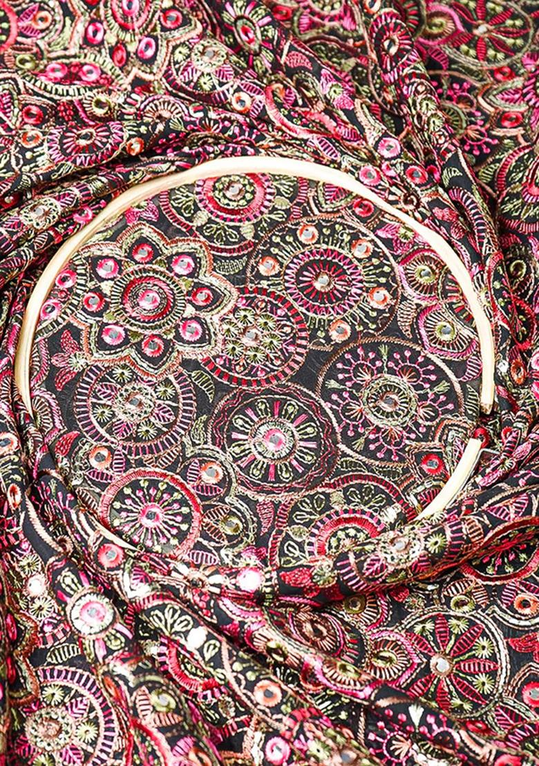 Brown Thread And Mirror Work Blouse Net Lehenga Set