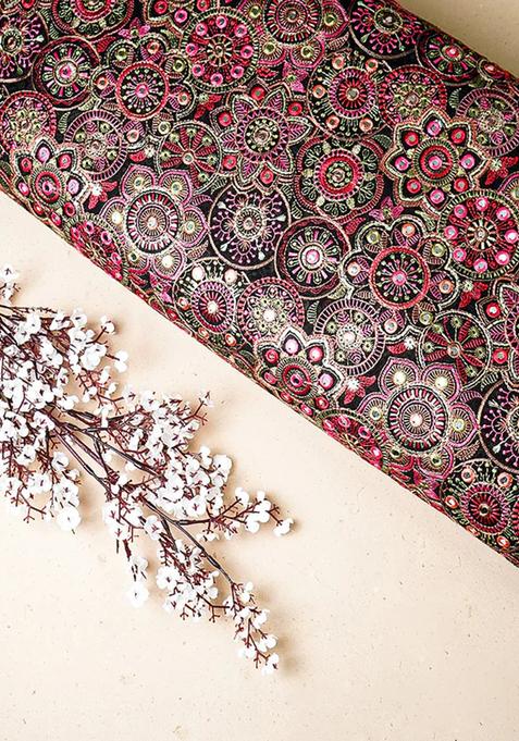 Brown Thread And Mirror Work Blouse Net Lehenga Set