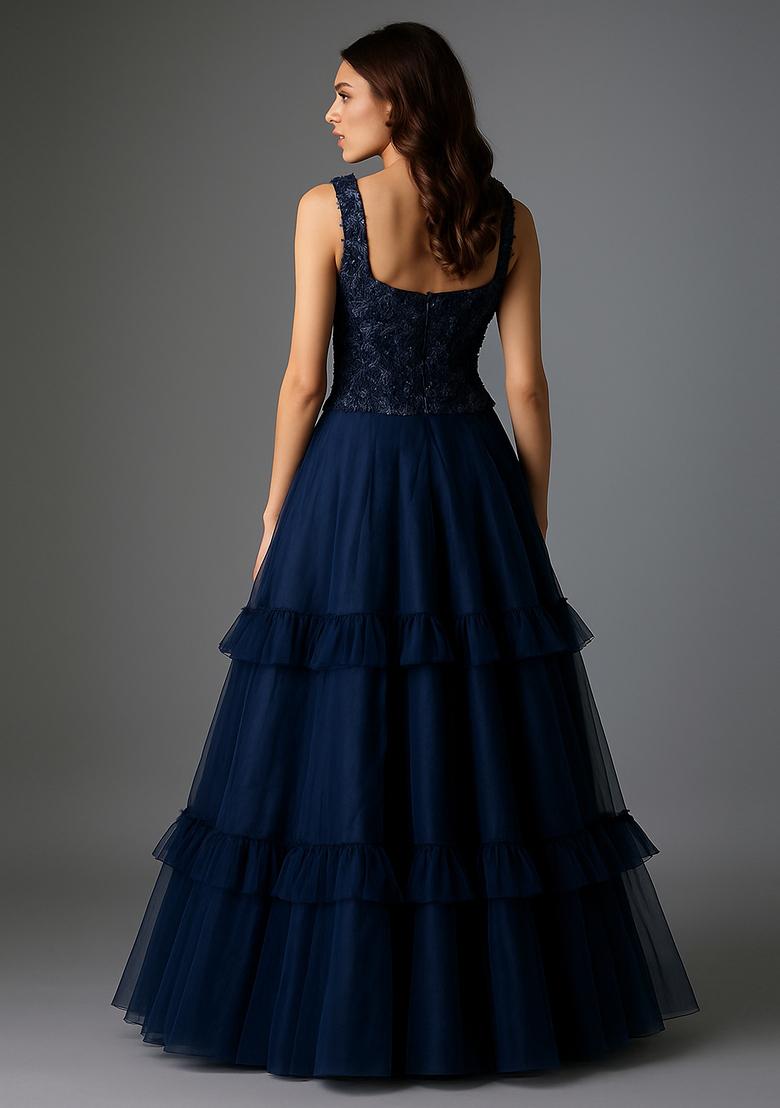 Blue Embroidered Blouse Net Lehenga Set