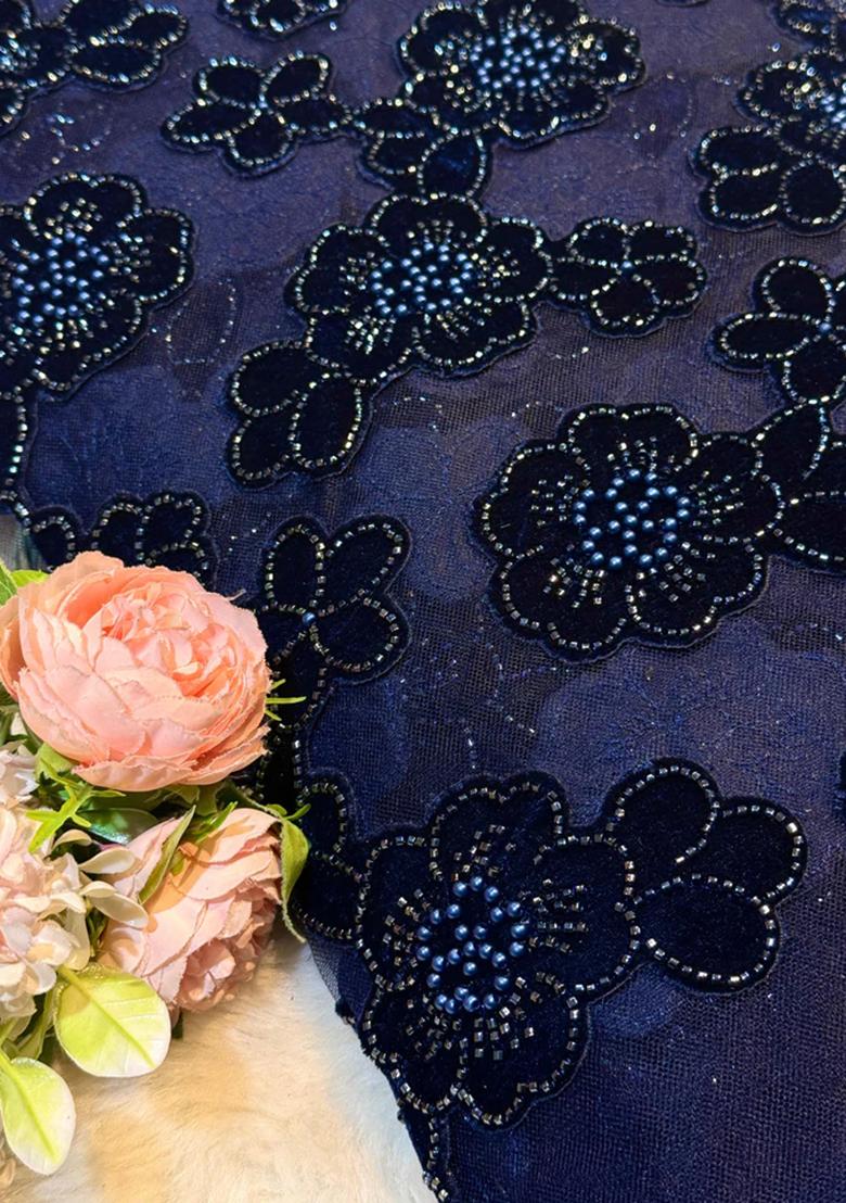 Blue Embroidered Blouse Net Lehenga Set