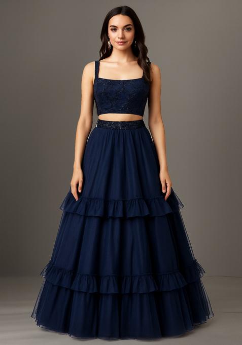 Blue Embroidered Blouse Net Lehenga Set