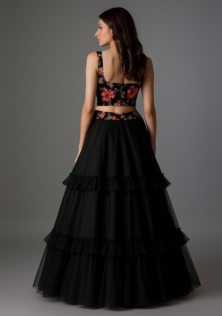 Black Embroidered Blouse Net Lehenga Set