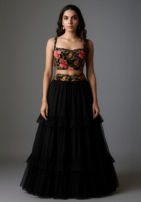 Black Embroidered Blouse Net Lehenga Set