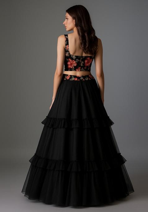 Black Embroidered Blouse Net Lehenga Set