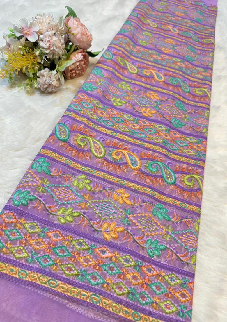 Purple Thread work Chikankari Lehenga Set