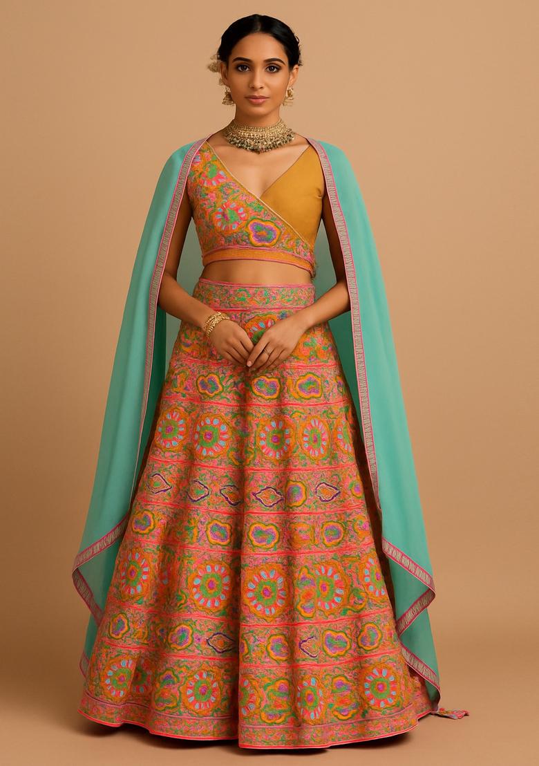 Yellow Thread work Chikankari Lehenga Set