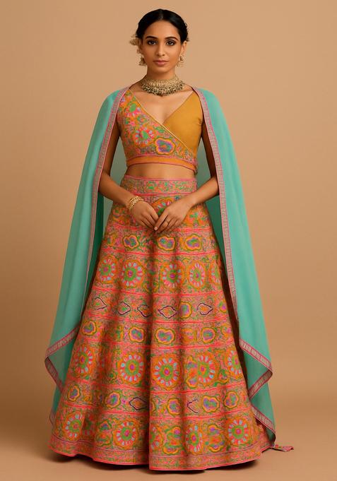 Yellow Thread work Chikankari Lehenga Set