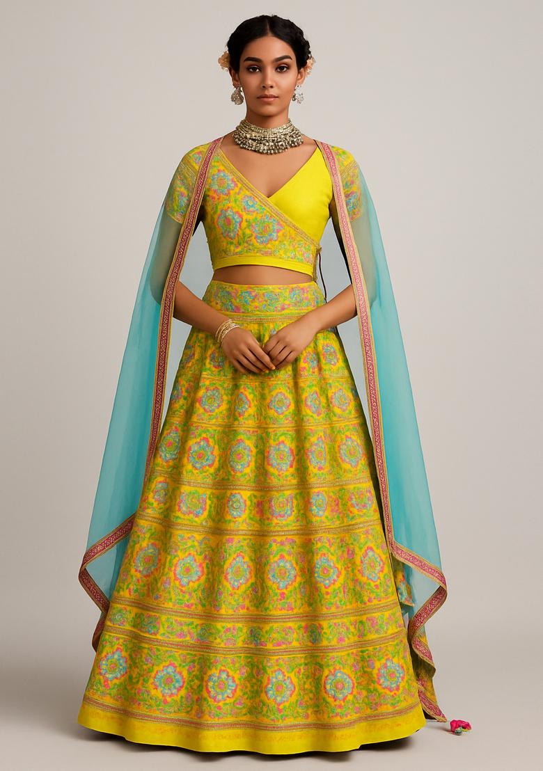 Lemon Yellow Thread work Chikankari Lehenga Set