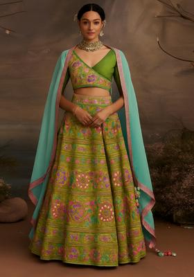 Green Thread work Chikankari Lehenga Set