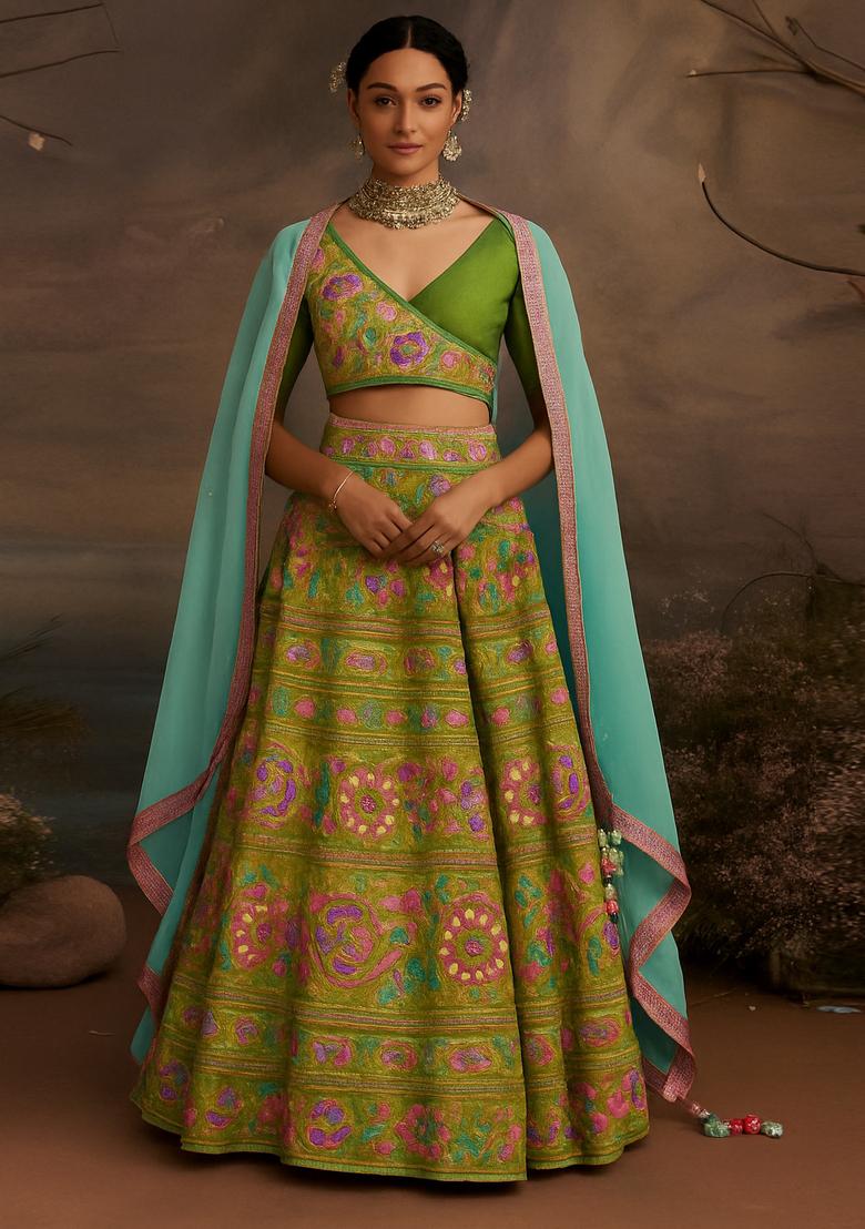 Green Thread work Chikankari Lehenga Set