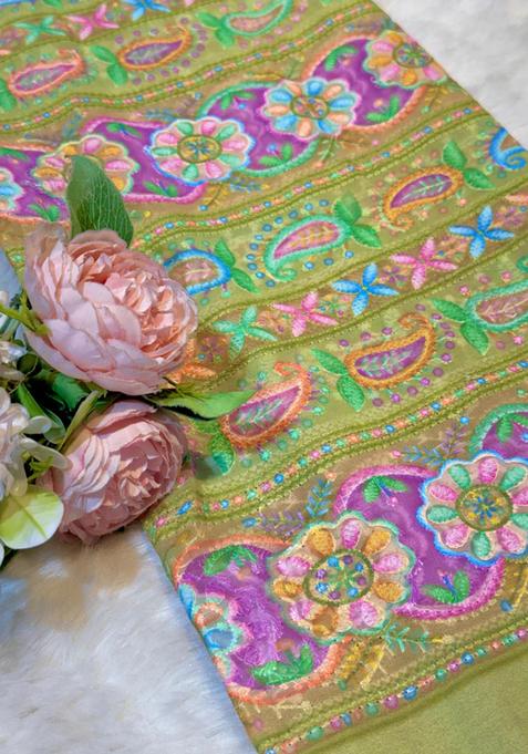 Green Thread work Chikankari Lehenga Set