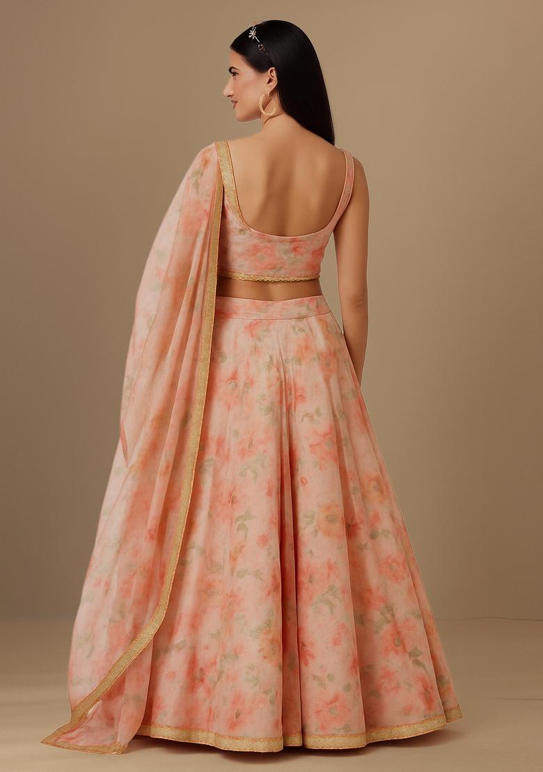Pink Printed Organza Lehenga Set