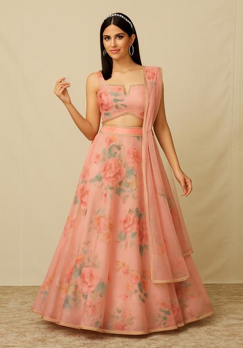 Pink Printed Organza Lehenga Set