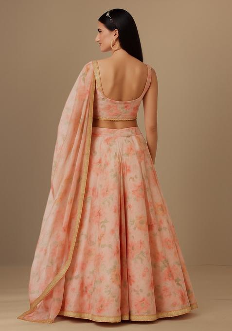 Pink Printed Organza Lehenga Set
