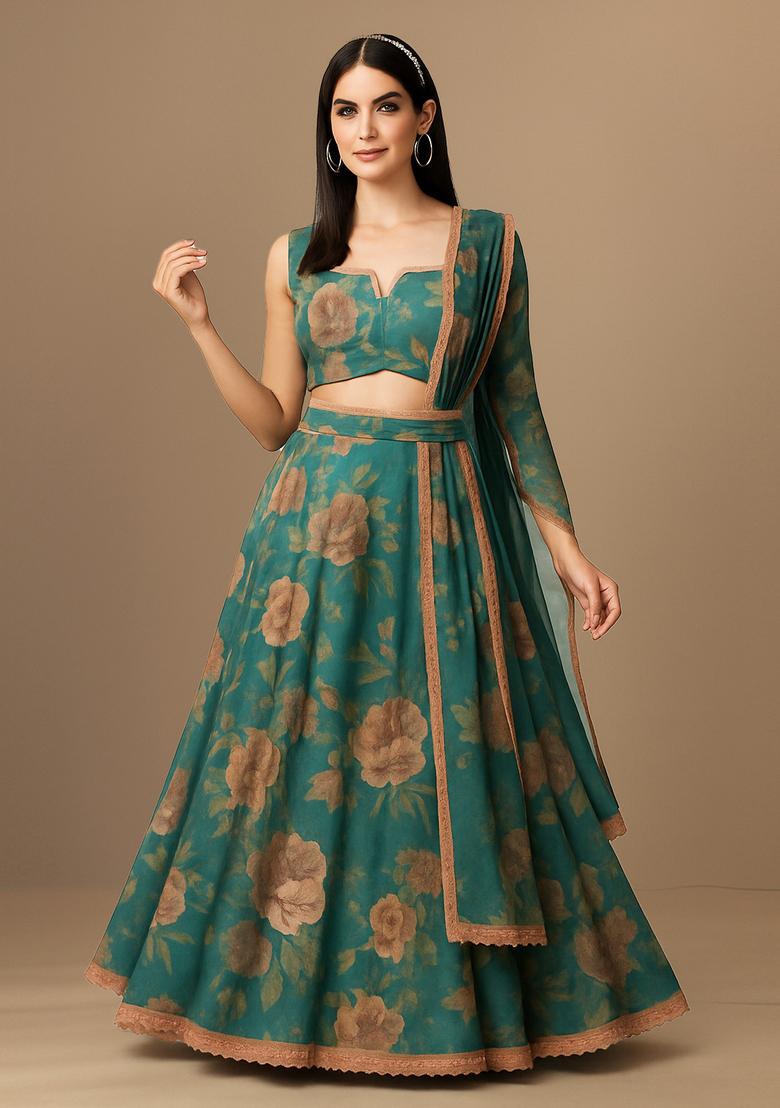 Green Printed Organza Lehenga Set