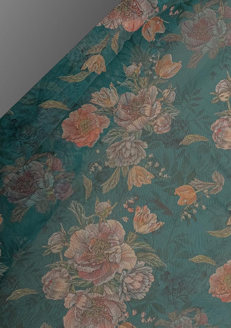 Green Printed Organza Lehenga Set - Indya