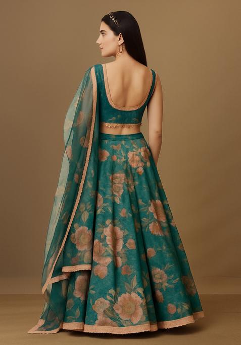 Green Printed Organza Lehenga Set