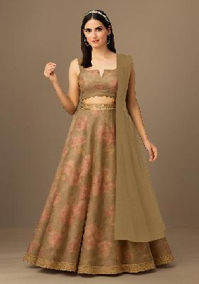 Khakhee Brown Printed Organza Lehenga Set