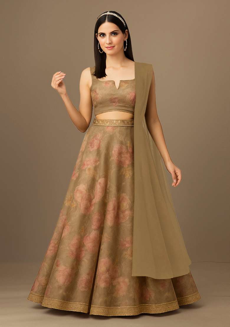 Khakhee Brown Organza Lehenga Set with Printed for Diwali | Wedding & Festive Wear - Indya