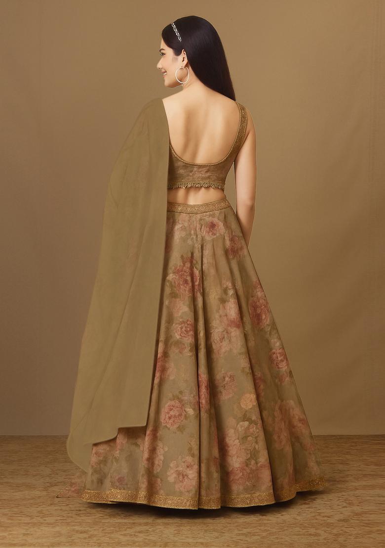 Khakhee Brown Printed Organza Lehenga Set - Indya