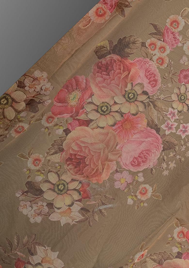 Khakhee Brown Printed Organza Lehenga Set - Indya