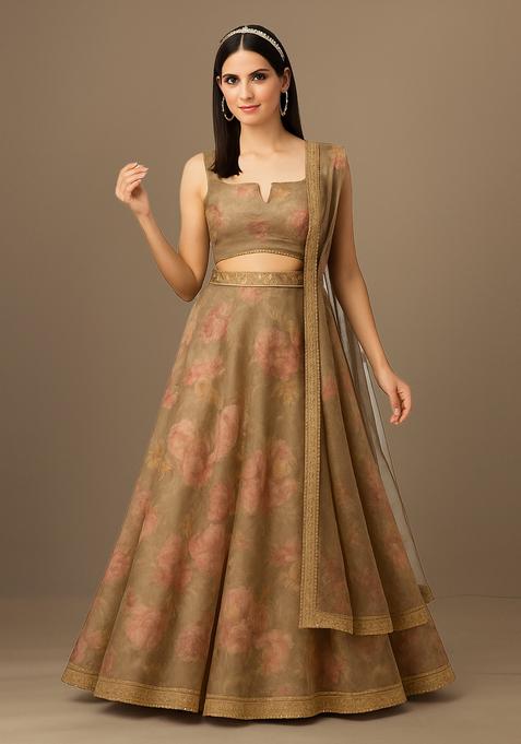 Khakhee Brown Printed Organza Lehenga Set