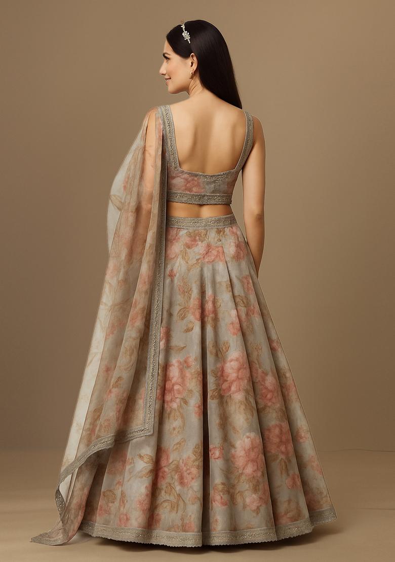 Grey Printed Organza Lehenga Set - Indya