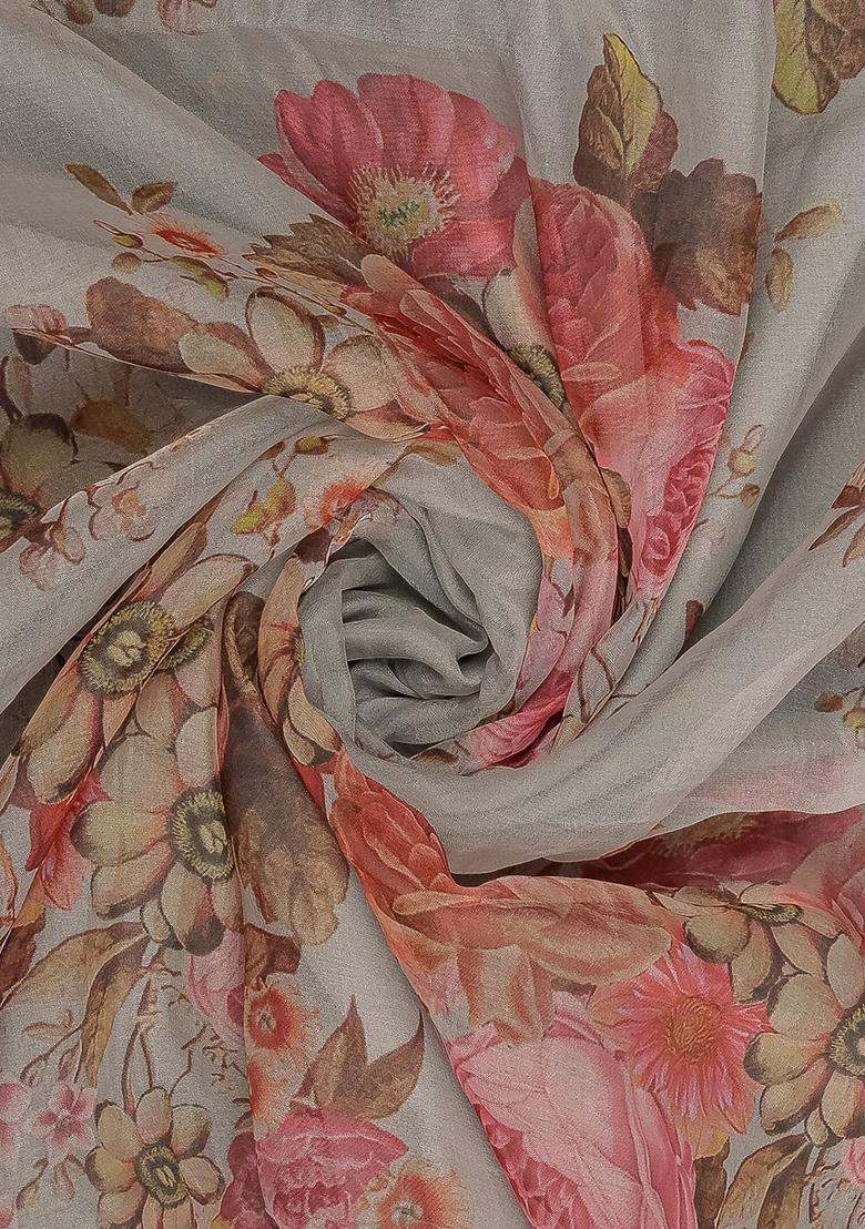 Grey Printed Organza Lehenga Set