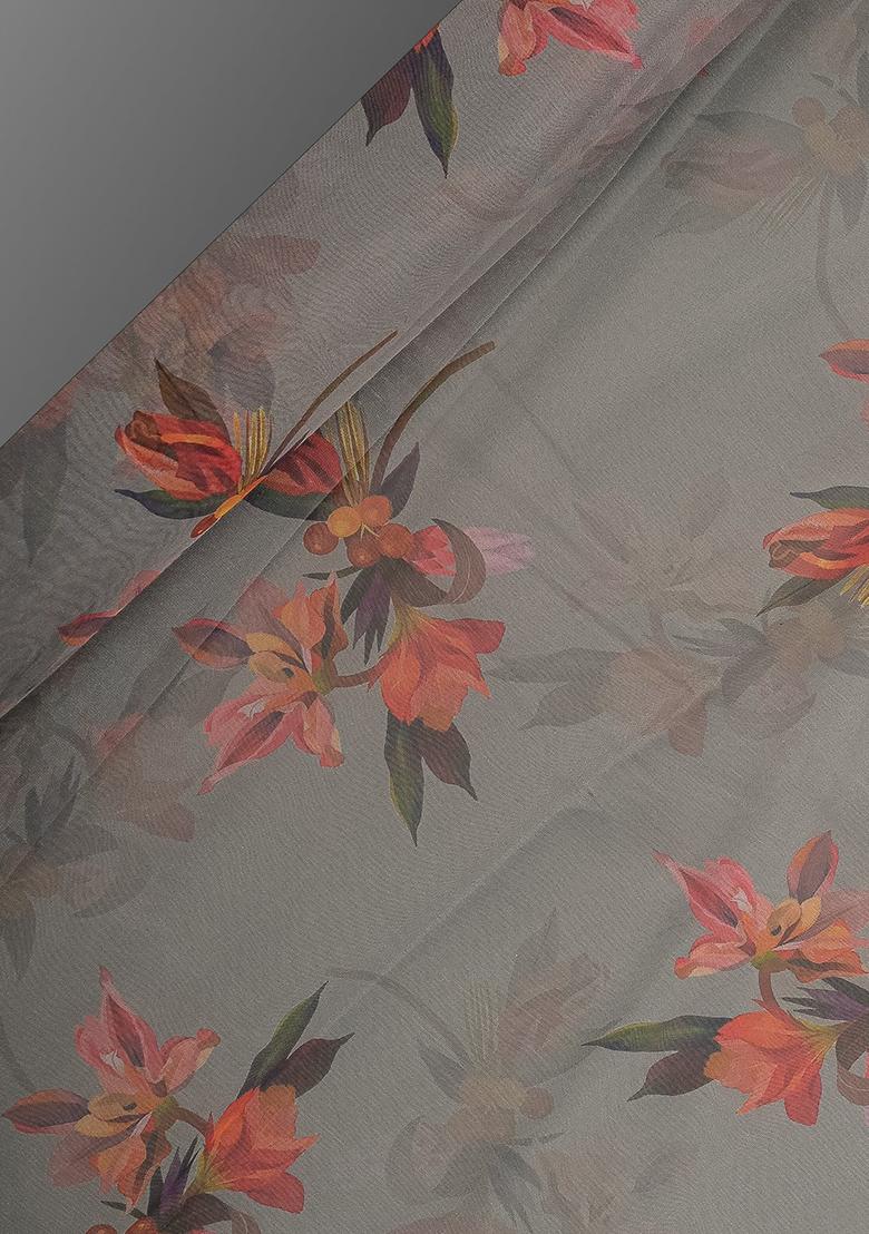 Grey Printed Organza Lehenga Set - Indya