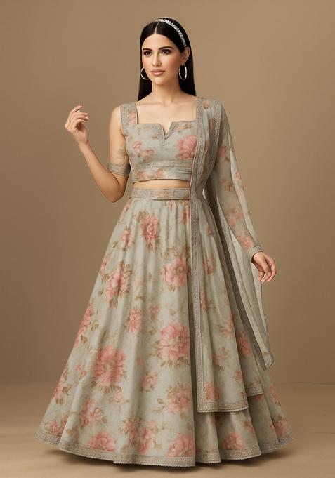 Grey Printed Organza Lehenga Set