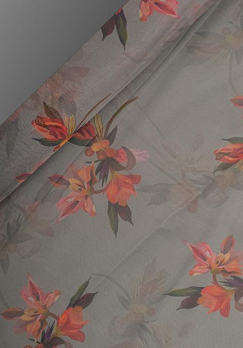 Grey Printed Organza Lehenga Set