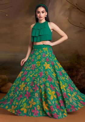 Green Printed Satin Lehenga Set