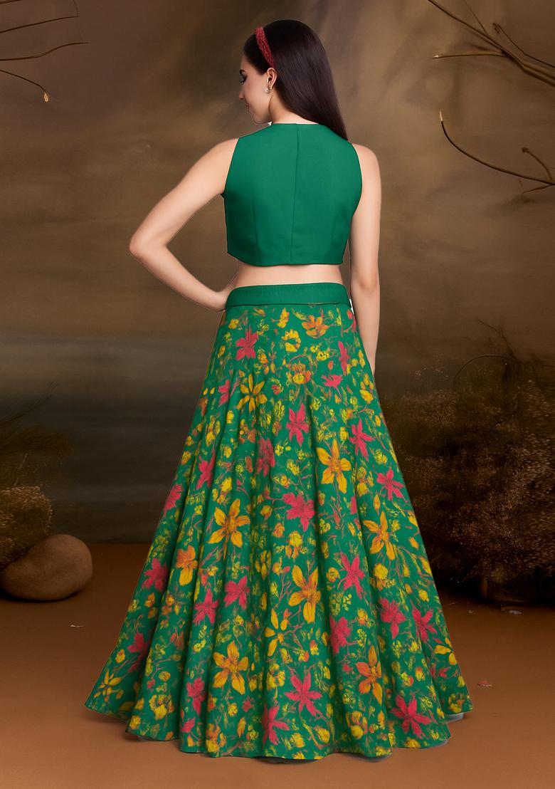 Green Printed Satin Lehenga Set - Indya