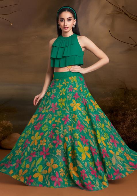 Green Printed Satin Lehenga Set