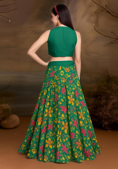 Green Printed Satin Lehenga Set