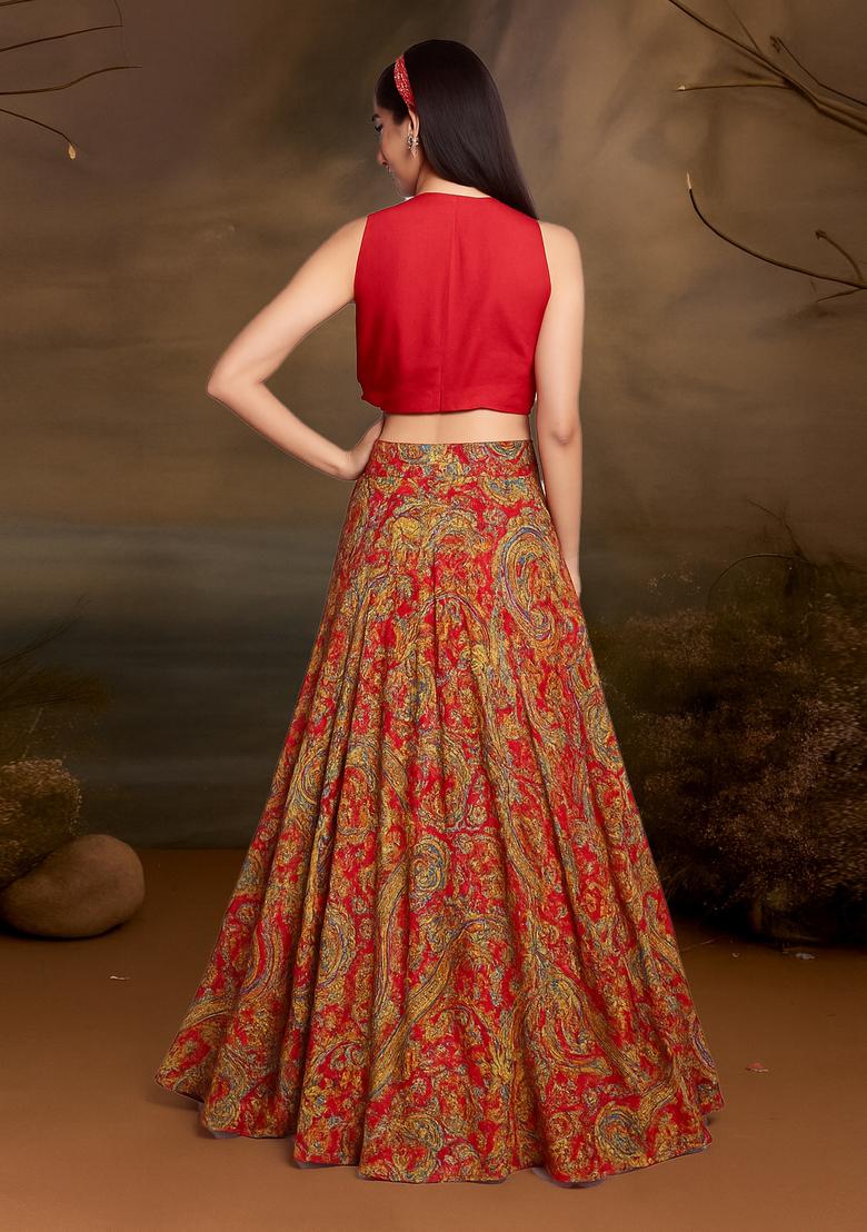Orange Printed Satin Lehenga Set - Indya