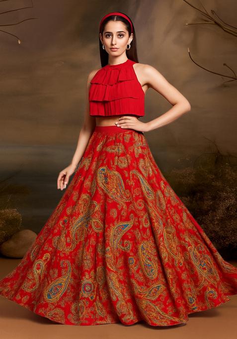 Orange Printed Satin Lehenga Set