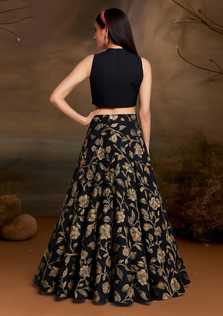 Black Printed Satin Lehenga Set - Indya