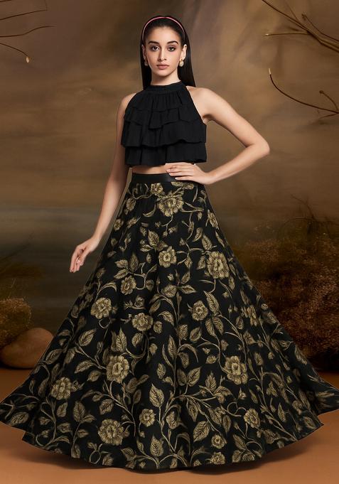 Black Printed Satin Lehenga Set