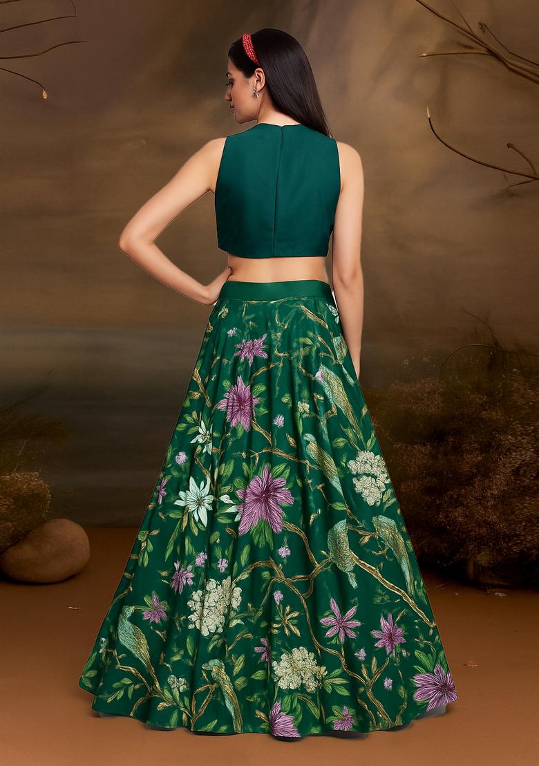 Teal Blue Printed Satin Lehenga Set - Indya