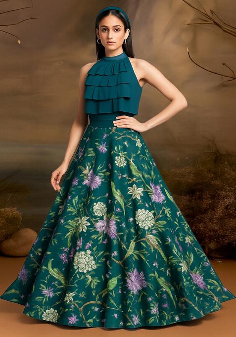 Teal Blue Printed Satin Lehenga Set