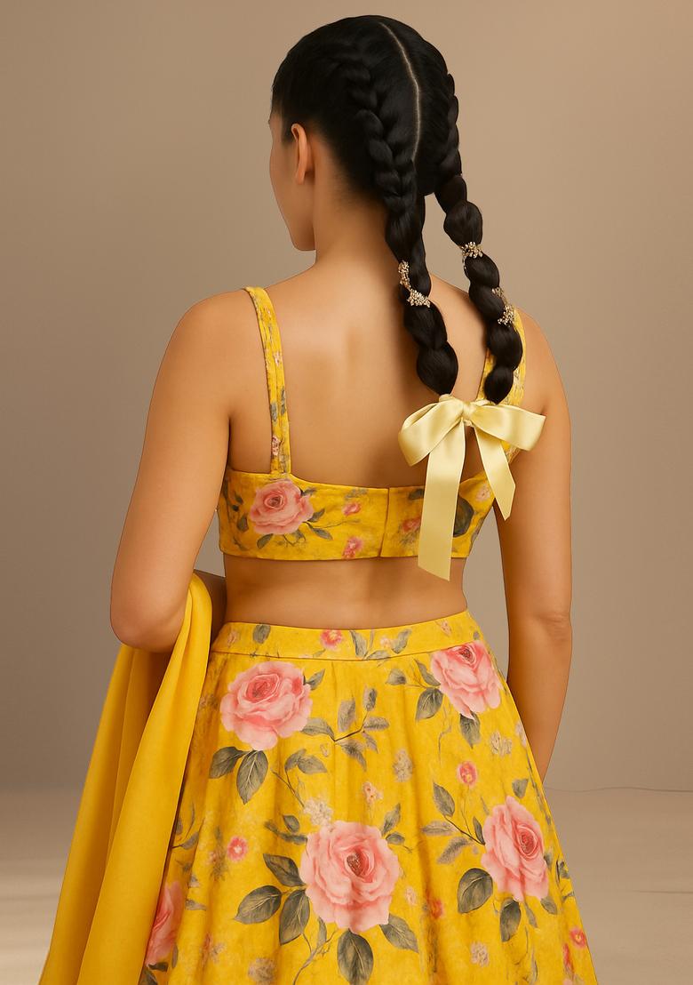 Yellow Printed Satin Lehenga Set - Indya