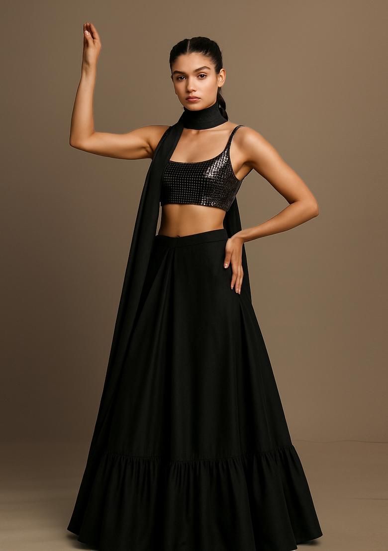 Black Embellished Blouse Satin Lehenga Set